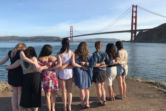 San Francisco girls looking at the bridge turning their back to the camera