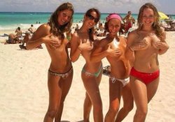 4 Hot Girls On Ibiza Beach Almost Naked, Covering Nippels with hands.